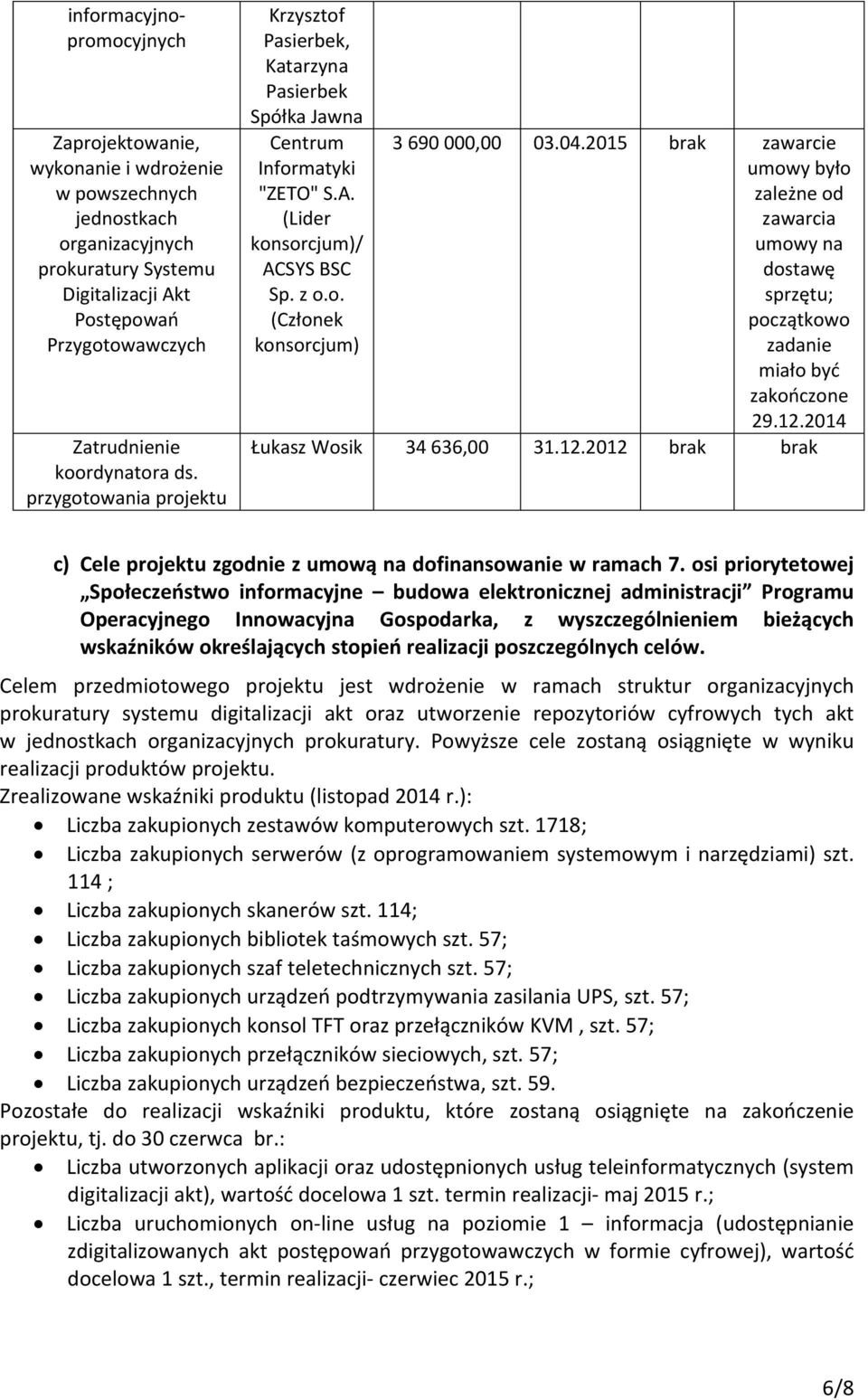 2015 brak zawarcie umowy było zależne od zawarcia umowy na dostawę sprzętu; początkowo zadanie miało być zakończone 29.12.2014 Łukasz Wosik 34 636,00 31.12.2012 brak brak c) Cele projektu zgodnie z umową na dofinansowanie w ramach 7.