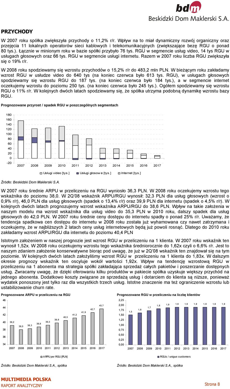 Łącznie w minionym roku w bazie spółki przybyło 76 tys. RGU w segmencie usług video, 14 tys RGU w usługach głosowych oraz 66 tys. RGU w segmencie usługi internetu.