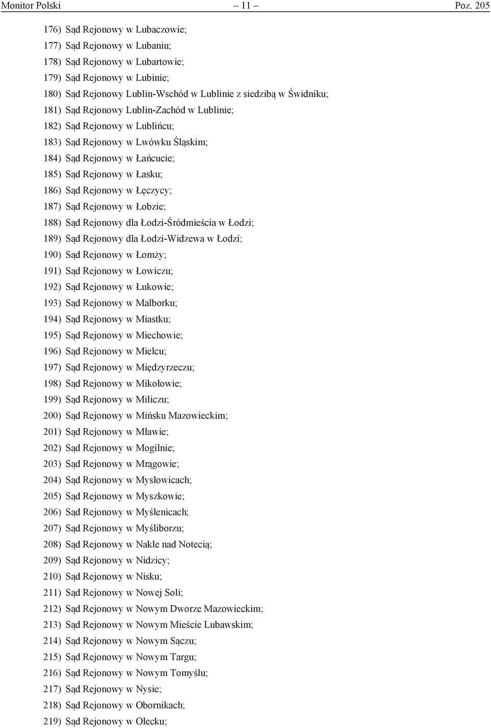 Sąd Rejonowy Lublin-Zachód w Lublinie; 182) Sąd Rejonowy w Lublińcu; 183) Sąd Rejonowy w Lwówku Śląskim; 184) Sąd Rejonowy w Łańcucie; 185) Sąd Rejonowy w Łasku; 186) Sąd Rejonowy w Łęczycy; 187) Sąd