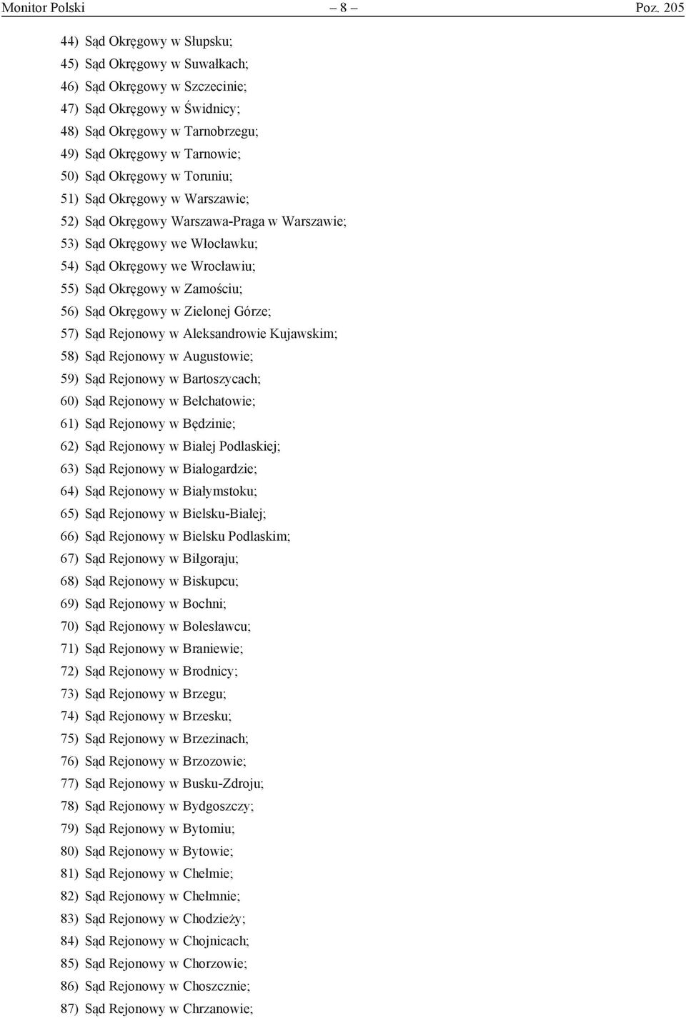 w Toruniu; 51) Sąd Okręgowy w Warszawie; 52) Sąd Okręgowy Warszawa-Praga w Warszawie; 53) Sąd Okręgowy we Włocławku; 54) Sąd Okręgowy we Wrocławiu; 55) Sąd Okręgowy w Zamościu; 56) Sąd Okręgowy w