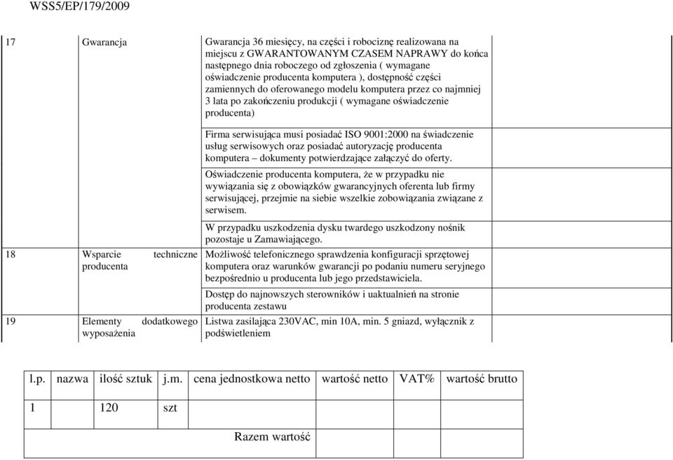 ( wymagane oświadczenie producenta) Firma serwisująca musi posiadać ISO 9001:2000 na świadczenie usług serwisowych oraz posiadać autoryzację producenta komputera dokumenty potwierdzające załączyć do