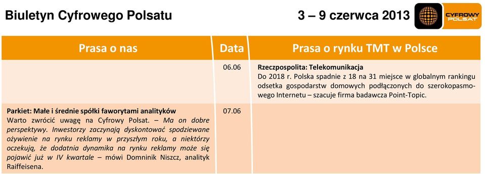 badawcza Point-Topic. Parkiet: Małe i średnie spółki faworytami analityków Warto zwrócić uwagę na Cyfrowy Polsat. Ma on dobre perspektywy.
