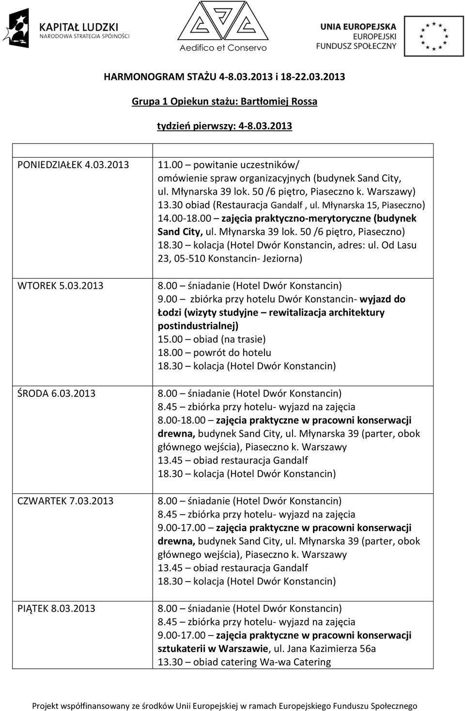 Młynarska 15, Piaseczno) 14.00-18.00 zajęcia praktyczno-merytoryczne (budynek 18.30 kolacja (Hotel Dwór Konstancin, adres: ul. Od Lasu 23, 05-510 Konstancin- Jeziorna) 9.