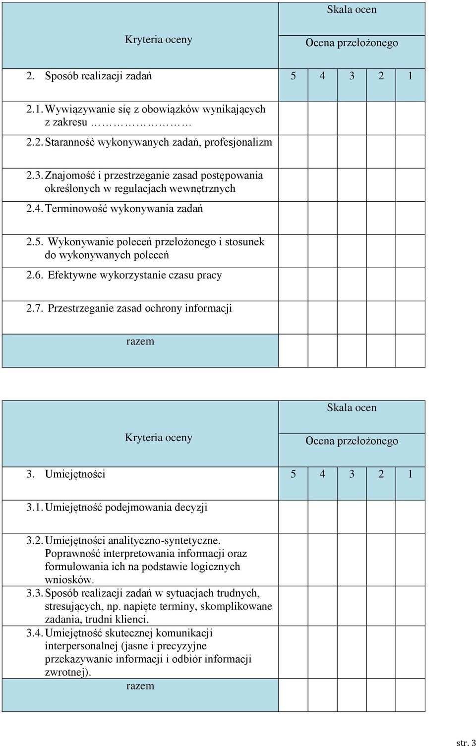 Przestrzeganie zasad ochrony informacji Skala ocen 3. Umiejętności 5 4 3 2 1 3.1. Umiejętność podejmowania decyzji 3.2. Umiejętności analityczno-syntetyczne.