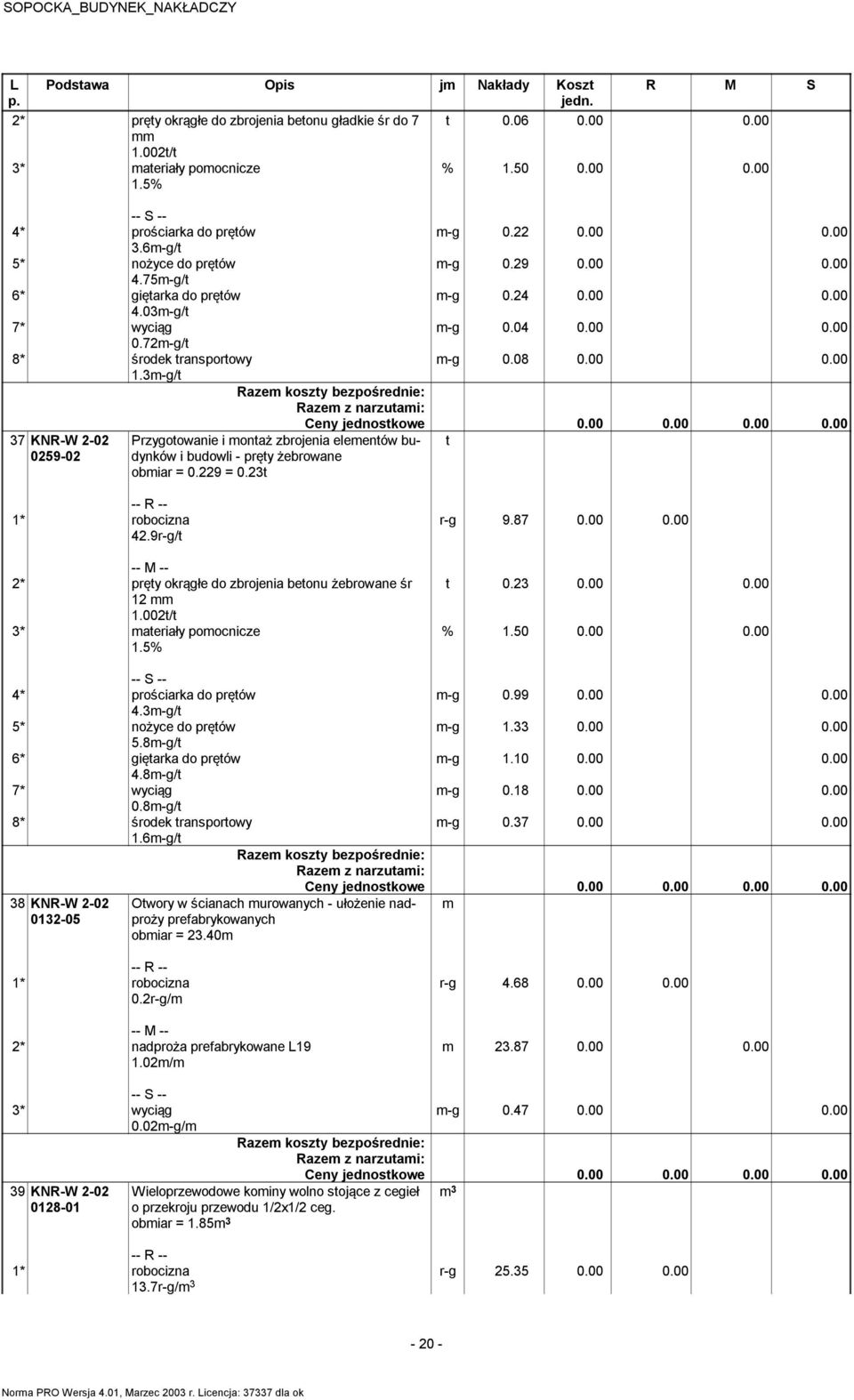 3m-g/t 37 KNR-W 2-02 0259-02 Przygotowanie i montaż zbrojenia elementów budynków i budowli - pręty żebrowane obmiar = 0.229 = 0.23t t 42.