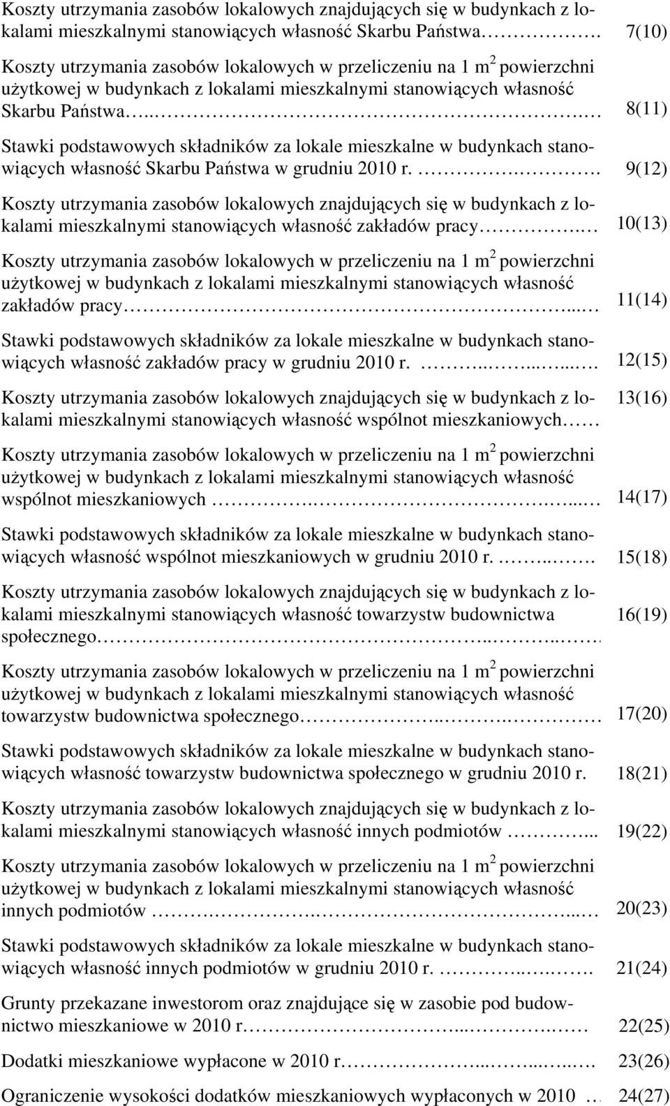 .. 8(11) Stawki podstawowych składników za lokale mieszkalne w budynkach stanowiących własność Skarbu Państwa w grudniu 2010 r.