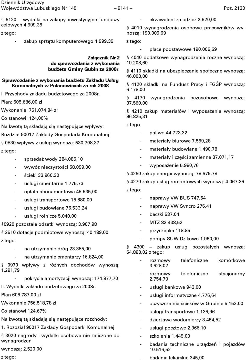 Sprawozdanie z wykonania budżetu Zakładu Usług Komunalnych w Polanowicach za rok 2008 I. Przychody zakładu budżetowego za 2008r. Plan: 605.686,00 zł Wykonanie: 751.