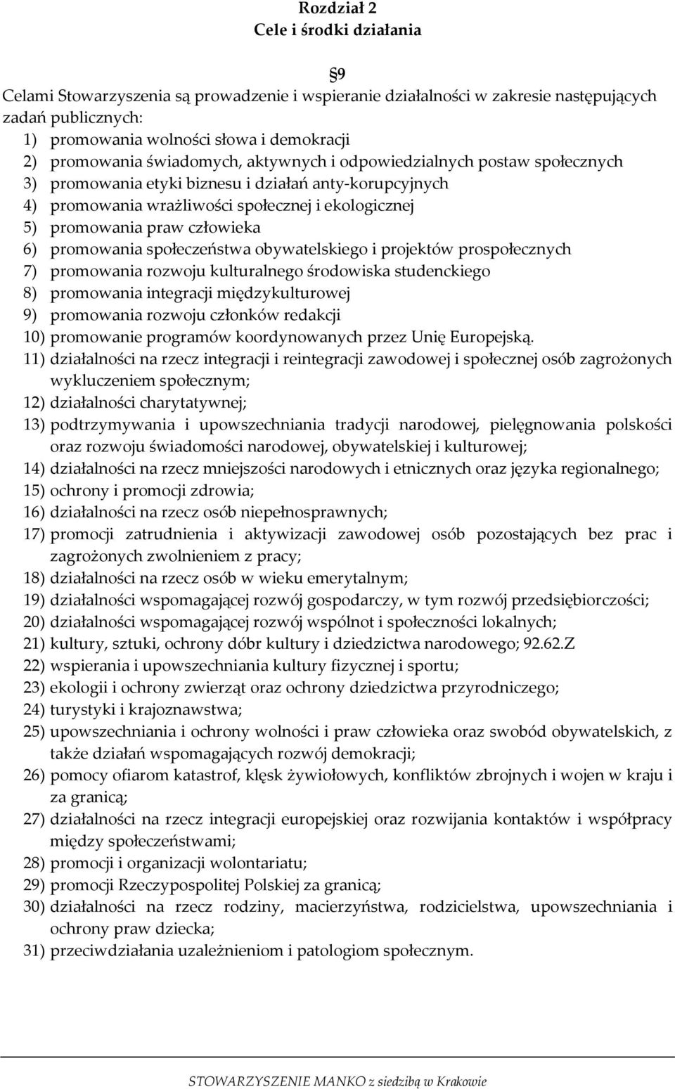 promowania społeczeństwa obywatelskiego i projektów prospołecznych 7) promowania rozwoju kulturalnego środowiska studenckiego 8) promowania integracji międzykulturowej 9) promowania rozwoju członków