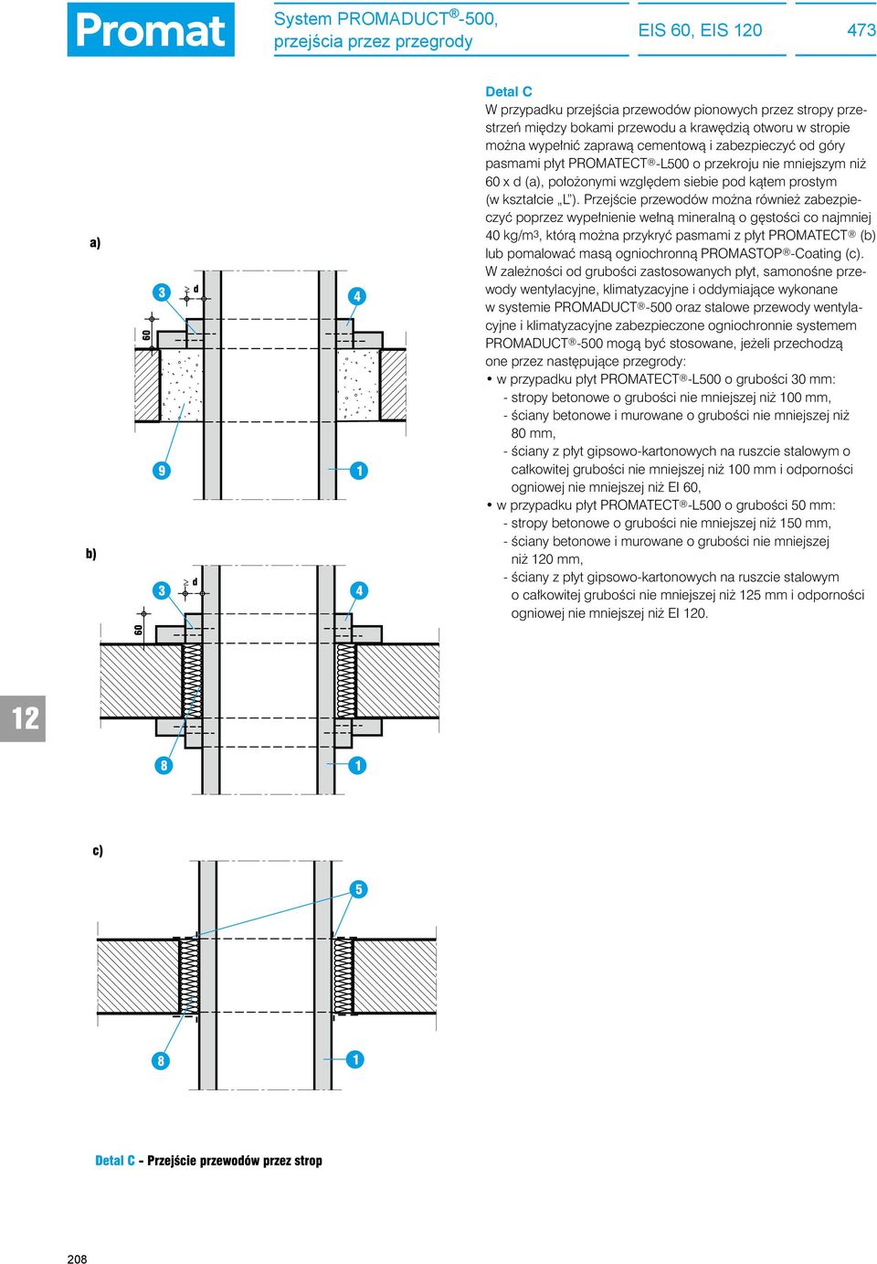 Przejście przewodów można również zabezpieczyć poprzez wypełnienie wełną mineralną o gęstości co najmniej 40 kg/m 3, którą można przykryć pasmami z płyt PROMATECT (b) lub pomalować masą ogniochronną