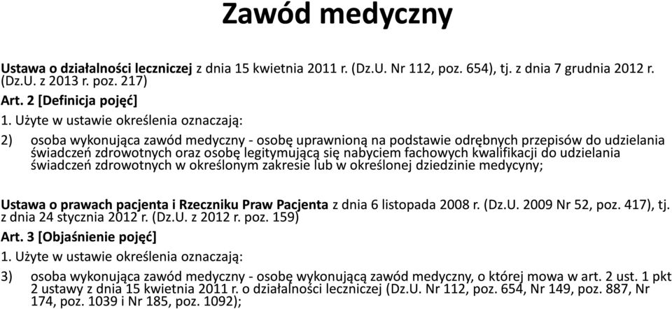 fachowych kwalifikacji do udzielania świadczeń zdrowotnych w określonym zakresie lub w określonej dziedzinie medycyny; Ustawa o prawach pacjenta i Rzeczniku Praw Pacjenta z dnia 6 listopada 2008 r.