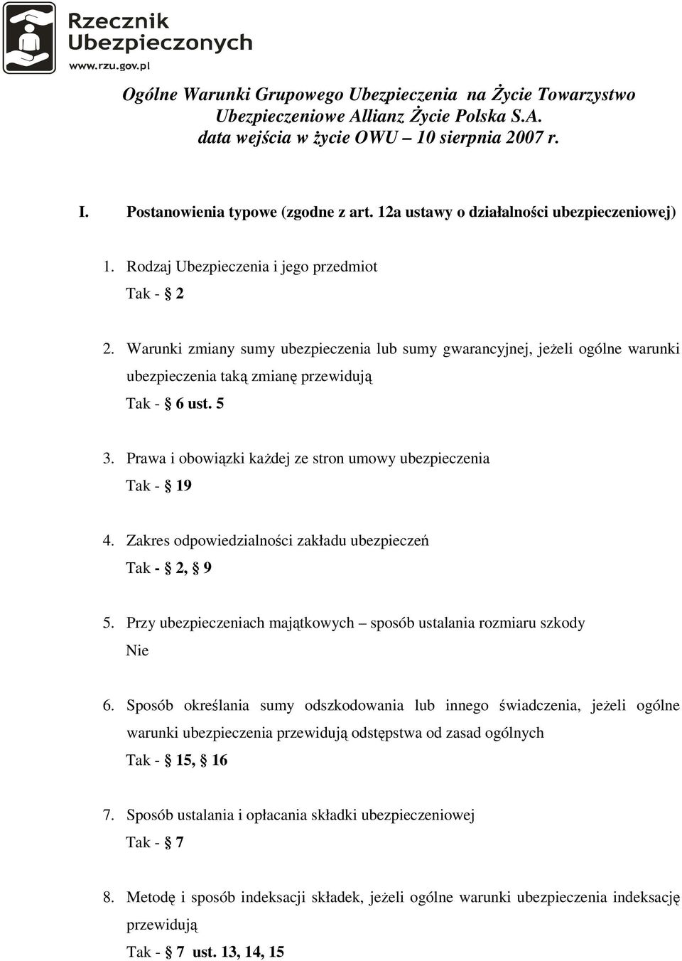 Warunki zmiany sumy ubezpieczenia lub sumy gwarancyjnej, jeżeli ogólne warunki ubezpieczenia taką zmianę przewidują Tak - 6 ust. 5 3. Prawa i obowiązki każdej ze stron umowy ubezpieczenia Tak - 19 4.