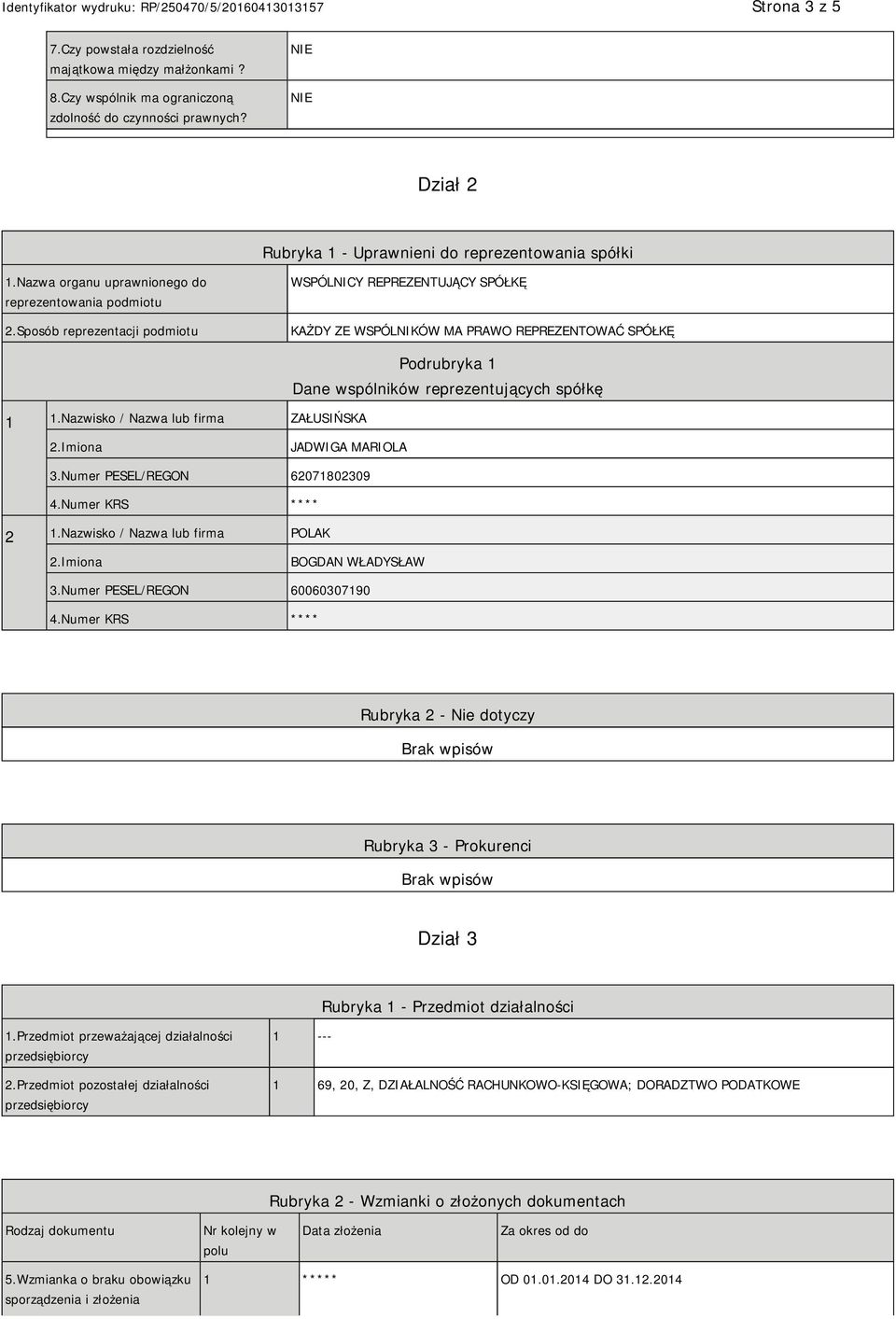 Nazwisko / Nazwa lub firma ZAŁUSIŃSKA Podrubryka 1 Dane wspólników reprezentujących spółkę JADWIGA MARIOLA 3.Numer PESEL/REGON 62071802309 4.Numer KRS **** 2 1.