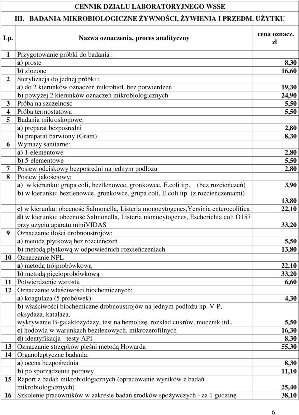 bez potwierdzeń 19,30 b) powyżej 2 kierunków oznaczeń mikrobiologicznych 24,90 3 Próba na szczelność 5,50 4 Próba termostatowa 5,50 5 Badania mikroskopowe: a) preparat bezpośredni 2,80 b) preparat