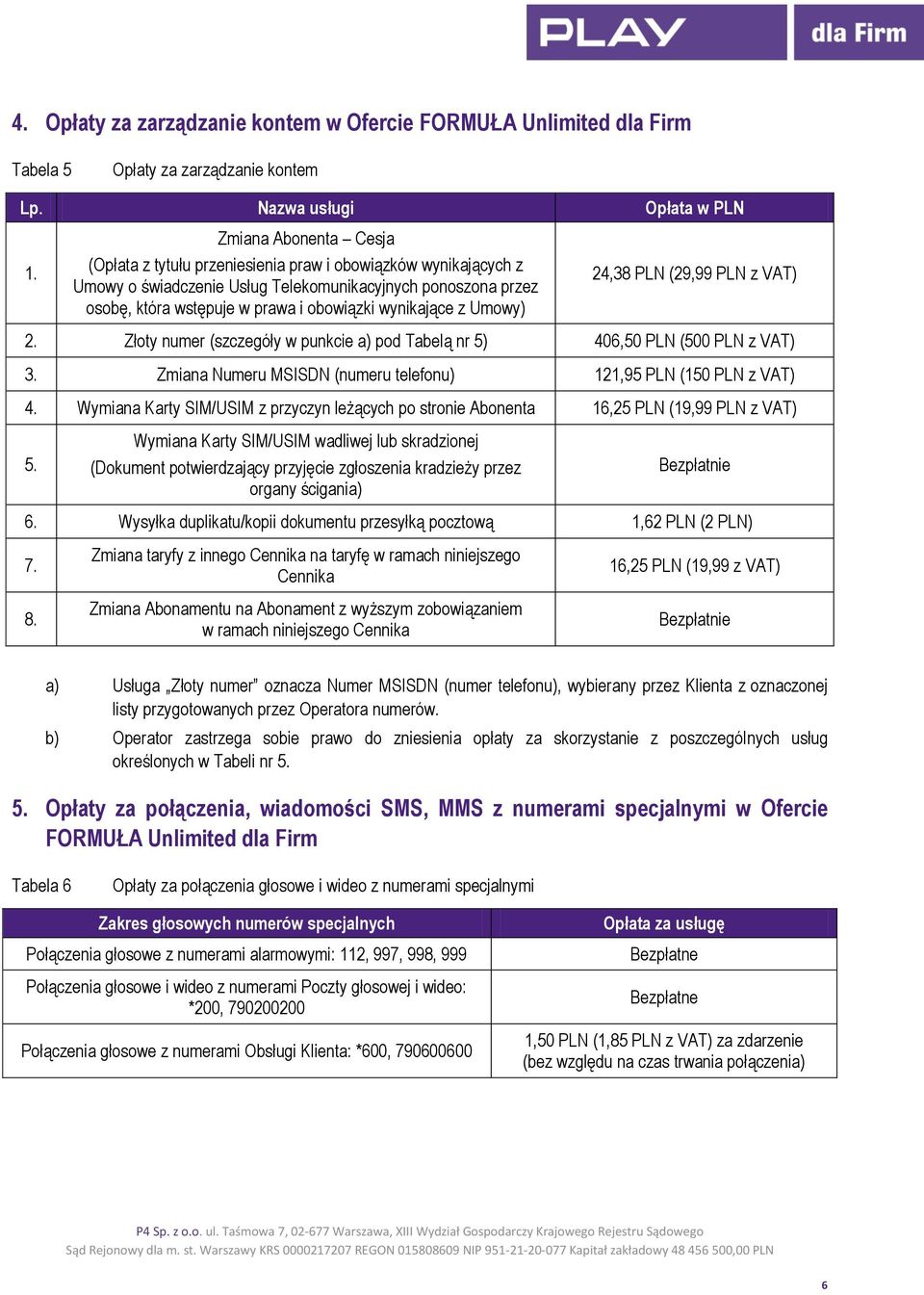 wynikające z Umowy) 24,38 PLN (29,99 PLN z VAT) 2. Złoty numer (szczegóły w punkcie a) pod Tabelą nr 5) 406,50 PLN (500 PLN z VAT) 3.