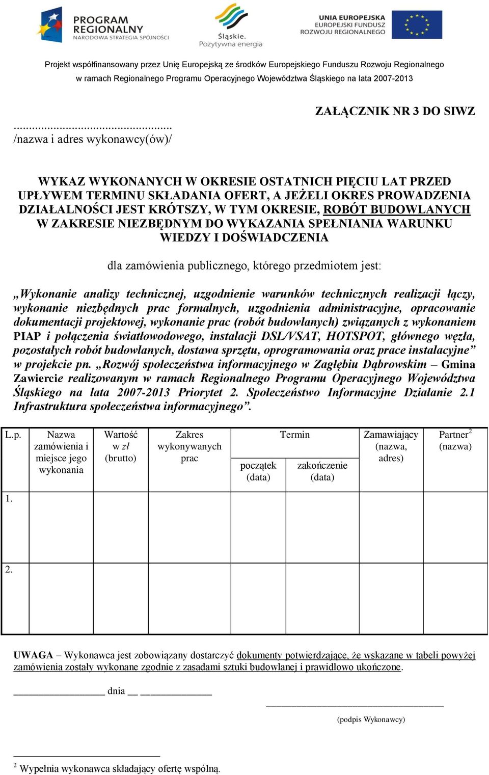 blicznego, którego przedmiotem jest: L.p. Nazwa zamówienia i miejsce jego wykonania Wartość w zł (brutto) Zakres wykonywanych prac początek Termin zakończenie Zamawiający (nazwa, adres) Partner 2 (nazwa) 1.