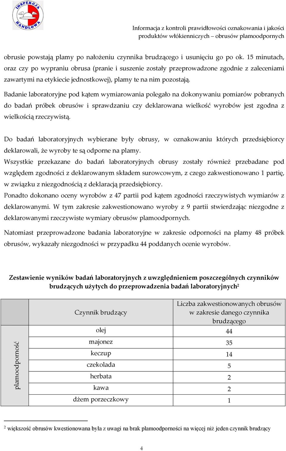 Badanie laboratoryjne pod kątem wymiarowania polegało na dokonywaniu pomiarów pobranych do badań próbek obrusów i sprawdzaniu czy deklarowana wielkość wyrobów jest zgodna z wielkością rzeczywistą.