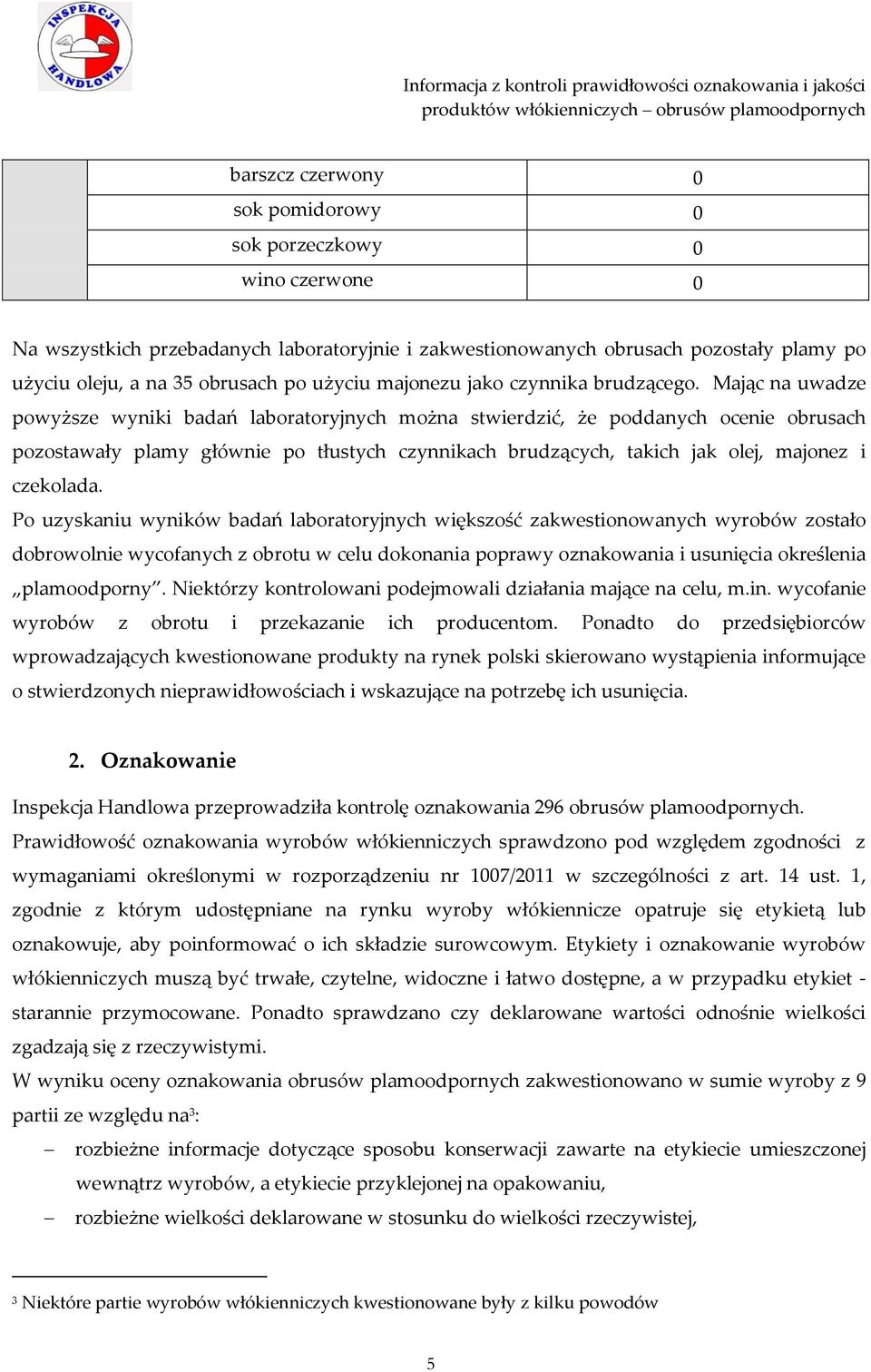 Mając na uwadze powyższe wyniki badań laboratoryjnych można stwierdzić, że poddanych ocenie obrusach pozostawały plamy głównie po tłustych czynnikach brudzących, takich jak olej, majonez i czekolada.