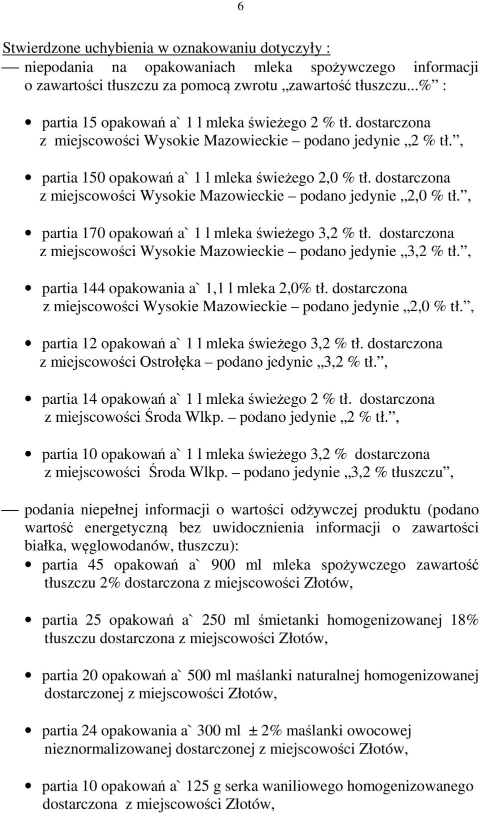 dostarczona z miejscowości Wysokie Mazowieckie podano jedynie 2,0 % tł., partia 170 opakowań a` 1 l mleka świeżego 3,2 % tł. dostarczona z miejscowości Wysokie Mazowieckie podano jedynie 3,2 % tł.