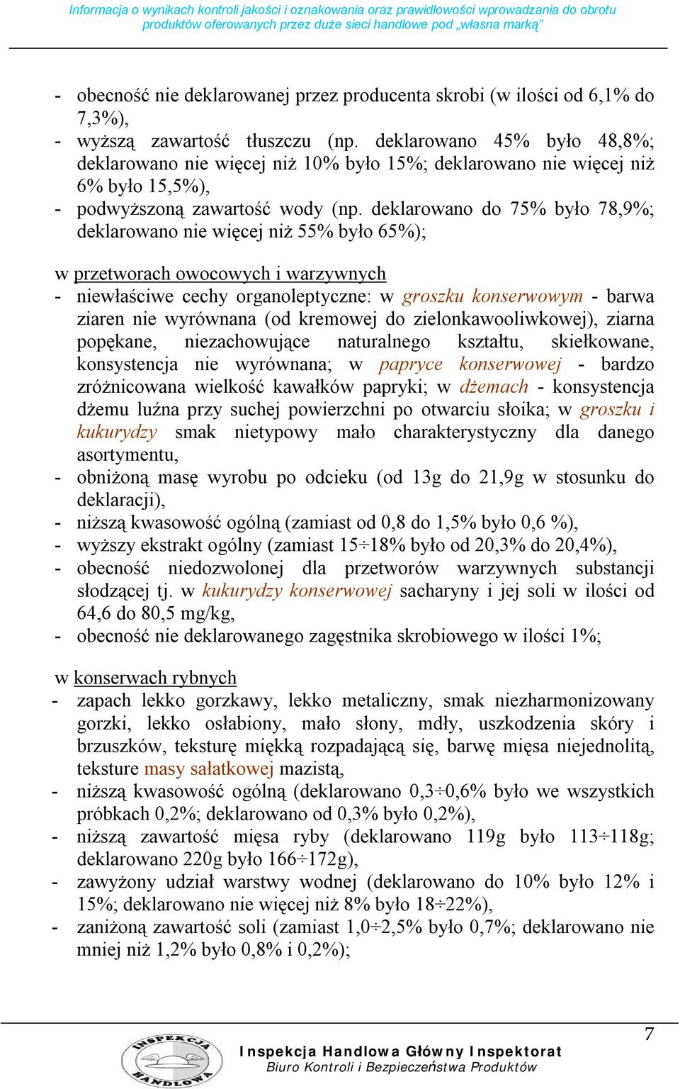 deklarowano do 75% było 78,9%; deklarowano nie więcej niż 55% było 65%); w przetworach owocowych i warzywnych - niewłaściwe cechy organoleptyczne: w groszku konserwowym - barwa ziaren nie wyrównana