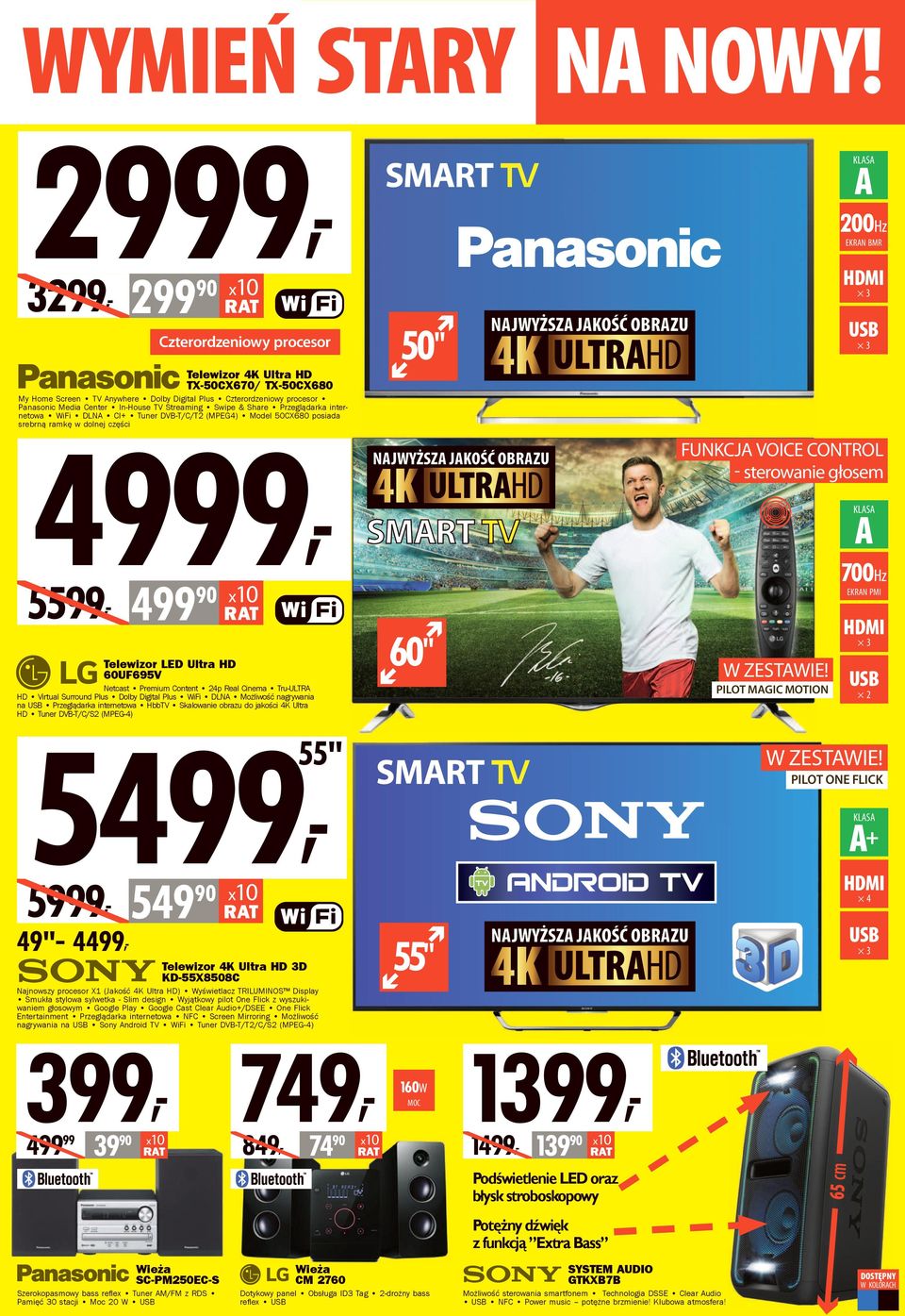 internetowa WiFi DLN CI+ Tuner DVB-T/C/T2 (MPEG4) Model 50CX680 posiada srebrną ramkę w dolnej części 49, 55, 4 FUNKCJ VOICE CONTROL - sterowanie głosem 700Hz 90 EKRN PMI 60" Telewizor LED Ultra HD