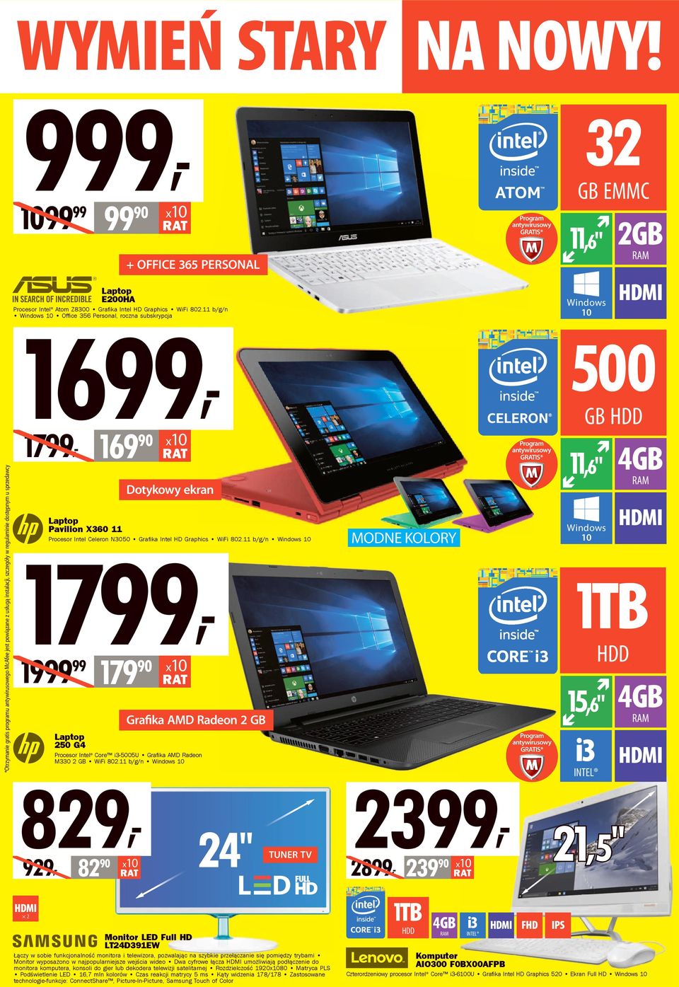 160 500 GB HDD 11,6" 4GB GIS* RM Dotykowy ekran Laptop Pavilion X360 11 Procesor Intel Celeron N3050 Graﬁka Intel HD Graphics WiFi 802.