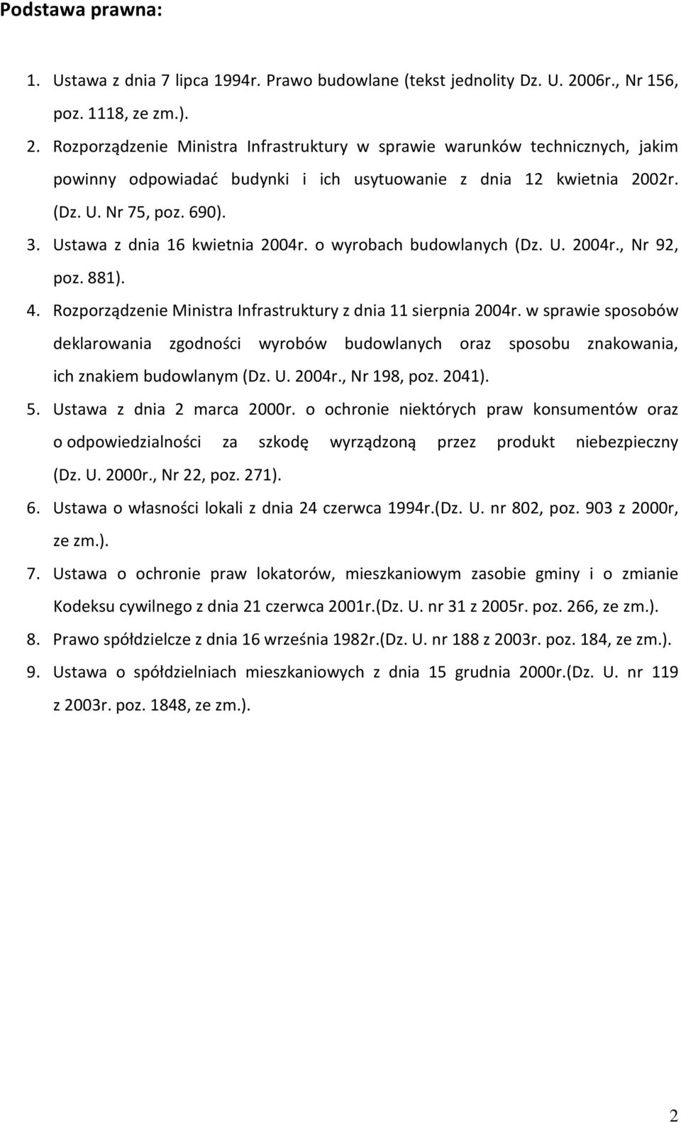 Nr 75, poz. 690). 3. Ustawa z dnia 16 kwietnia 2004r. o wyrobach budowlanych (Dz. U. 2004r., Nr 92, poz. 881). 4. Rozporządzenie Ministra Infrastruktury z dnia 11 sierpnia 2004r.