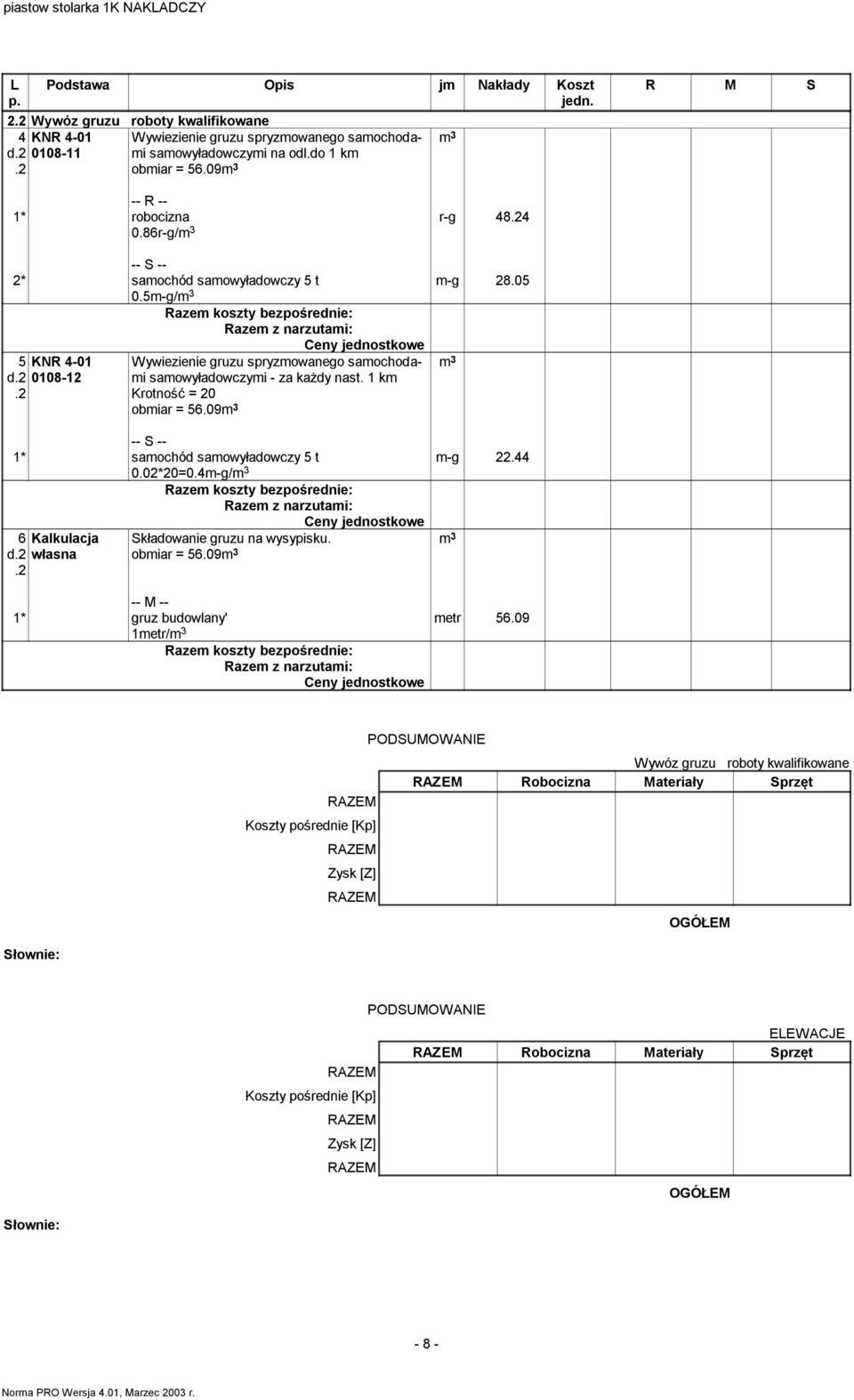 2 Wywiezienie gruzu spryzmowanego samochodami samowyładowczymi - za każdy nast. 1 km Krotność = 20 obmiar = 56.09m 3 1* samochód samowyładowczy 5 t 0.02*20=0.4m-g/m 3 m-g 22.