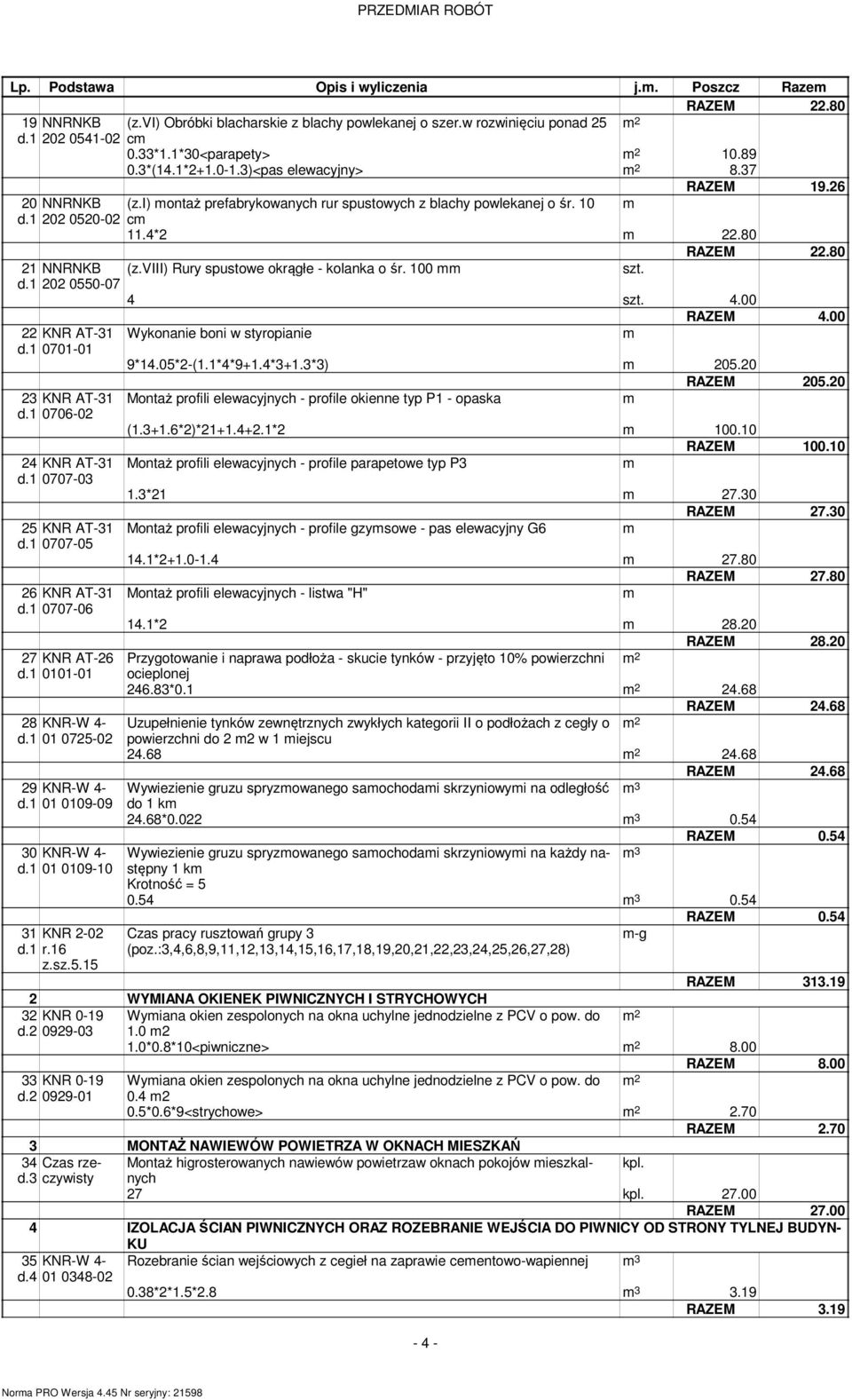 viii) Rury spustowe okrągłe - kolanka o śr. 100 szt. d.1 202 0550-07 4 szt. 4.00 22 KNR AT-31 d.1 0701-01 23 KNR AT-31 d.1 0706-02 24 KNR AT-31 d.1 0707-03 25 KNR AT-31 d.1 0707-05 26 KNR AT-31 d.