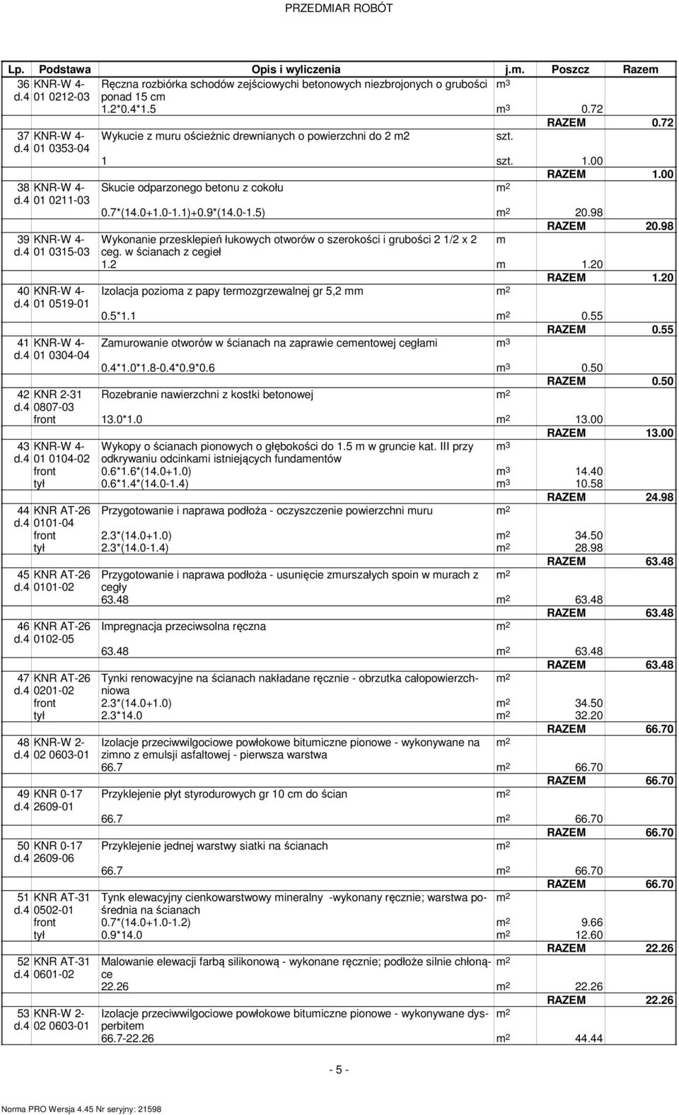 9*(14.0-1.5) 20.98 RAZEM 20.98 39 KNR-W 4- Wykonanie przesklepień łukowych otworów o szerokości i grubości 2 1/2 x 2 d.4 01 0315-03 ceg. w ścianach z cegieł 1.2 1.20 RAZEM 1.