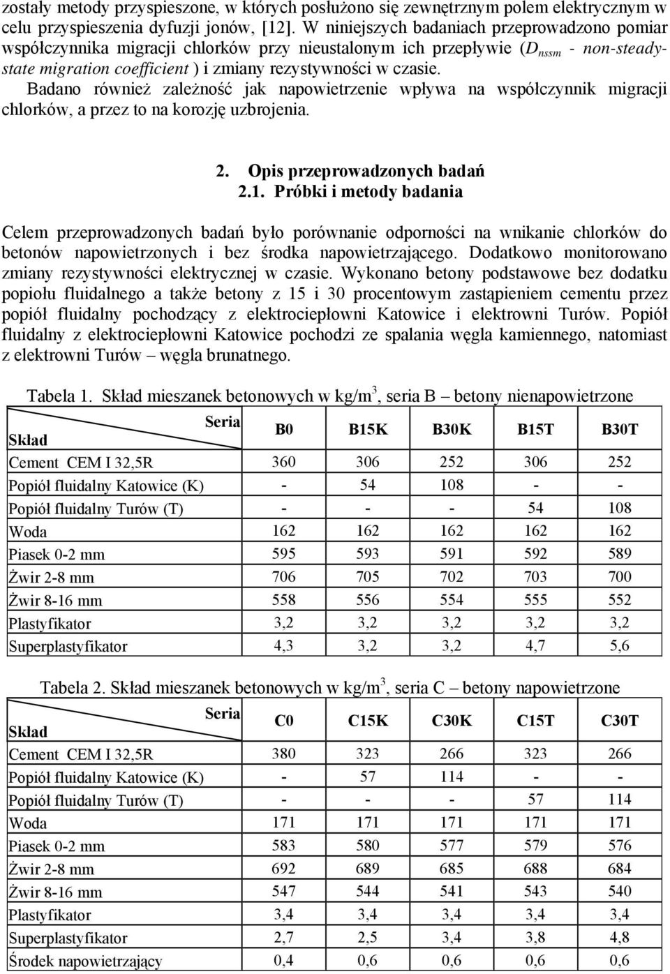 Badano również zależność jak napowietrzenie wpływa na współczynnik migracji chlorków, a przez to na korozję uzbrojenia. 2. Opis przeprowadzonych badań 2.1.