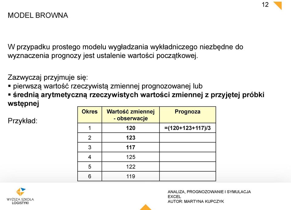 Zazwyczaj przyjmuje się: pierwszą warość rzeczywisą zmiennej prognozowanej lub średnią arymeyczną