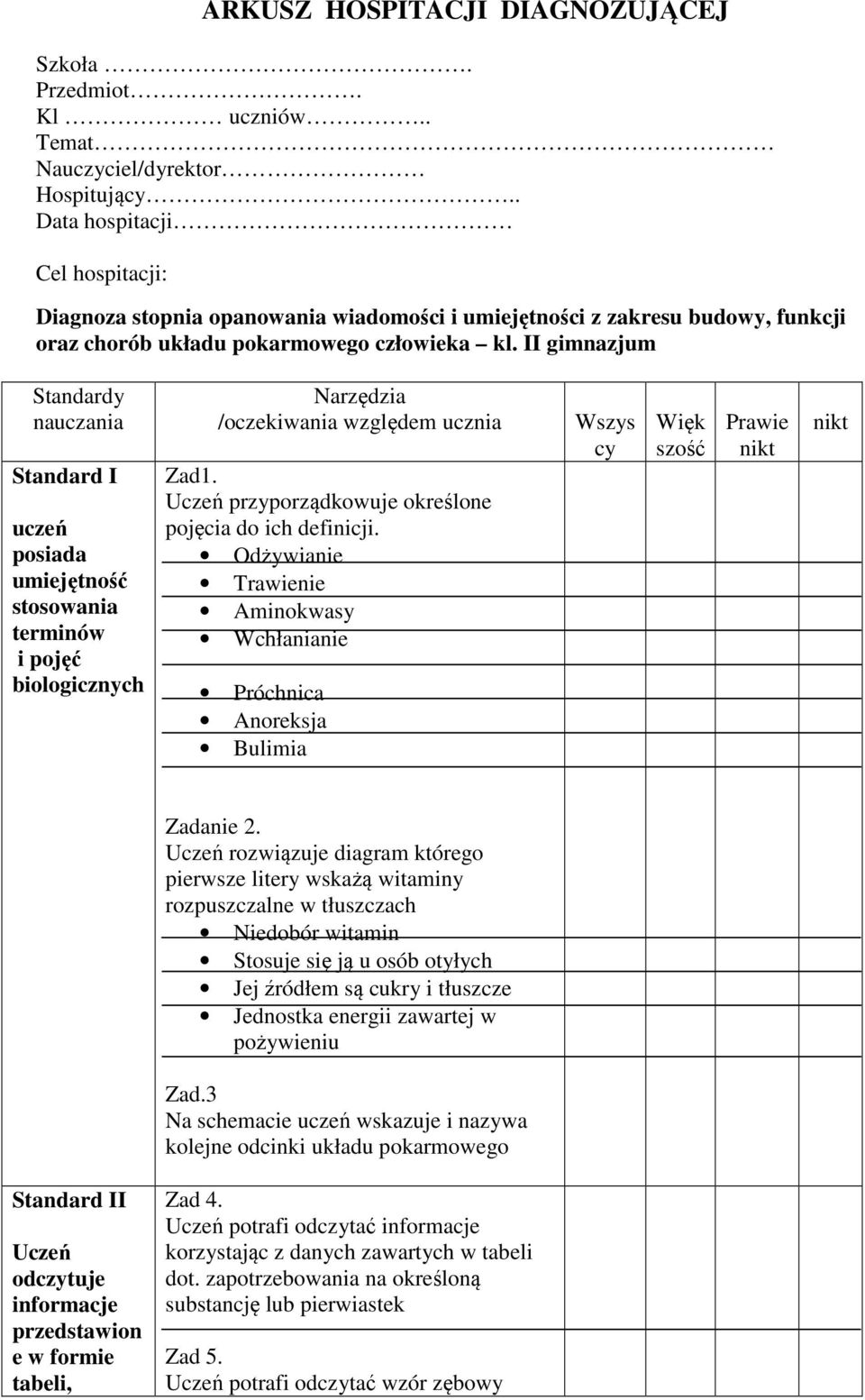 II gimnazjum Standardy nauczania Standard I uczeń posiada umiejętność stosowania terminów i pojęć biologicznych Narzędzia /oczekiwania względem ucznia Zad.