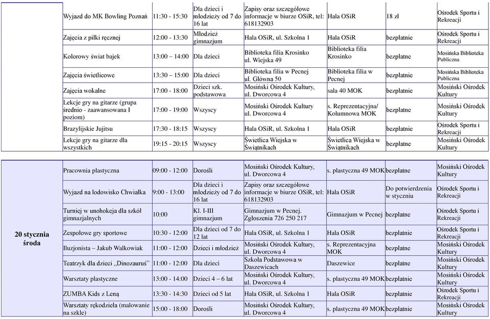 Reprezentacyjna/ Kolumnowa Brazylijskie Jujitsu 17:30-18:15 Wszyscy, ul.