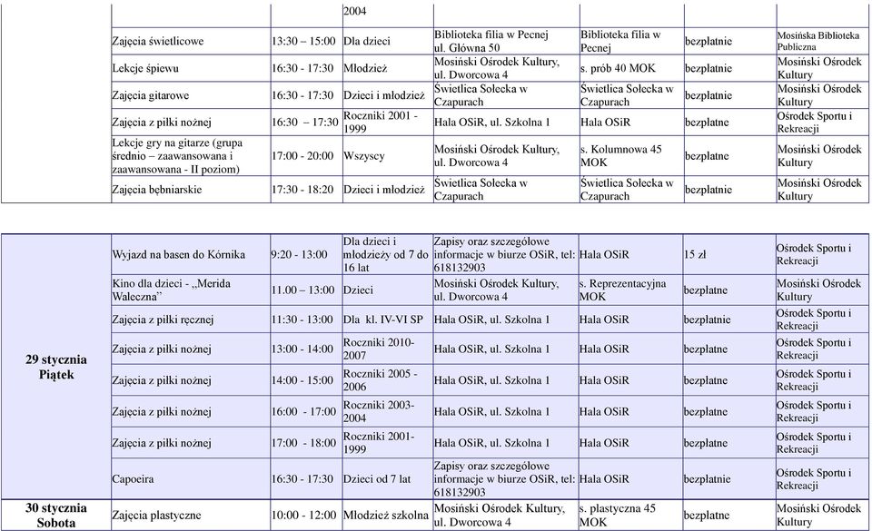 Kolumnowa 45 29 stycznia Piątek 30 stycznia Sobota Wyjazd na basen do Kórnika 9:20-13:00 Kino dla dzieci - Merida Waleczna 11.00 13:00 Dzieci, s.