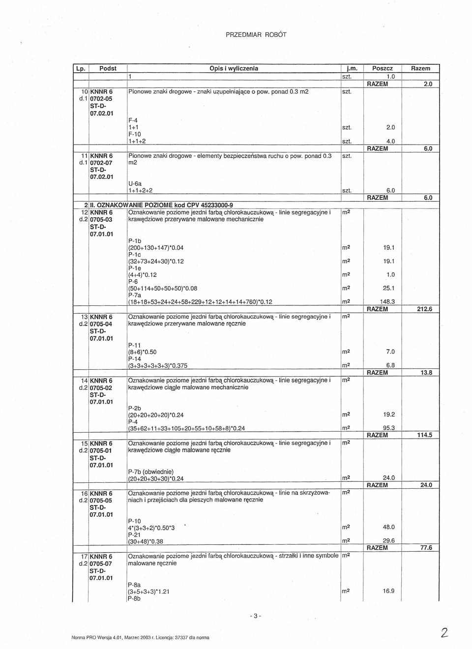 OZNAKOWANE POZOME kod CPV 45233000-9 12 KNNR6 Oznakowanie poziome jezdni farbą chlorokauczukową - linie segregacyjne i m2 d.