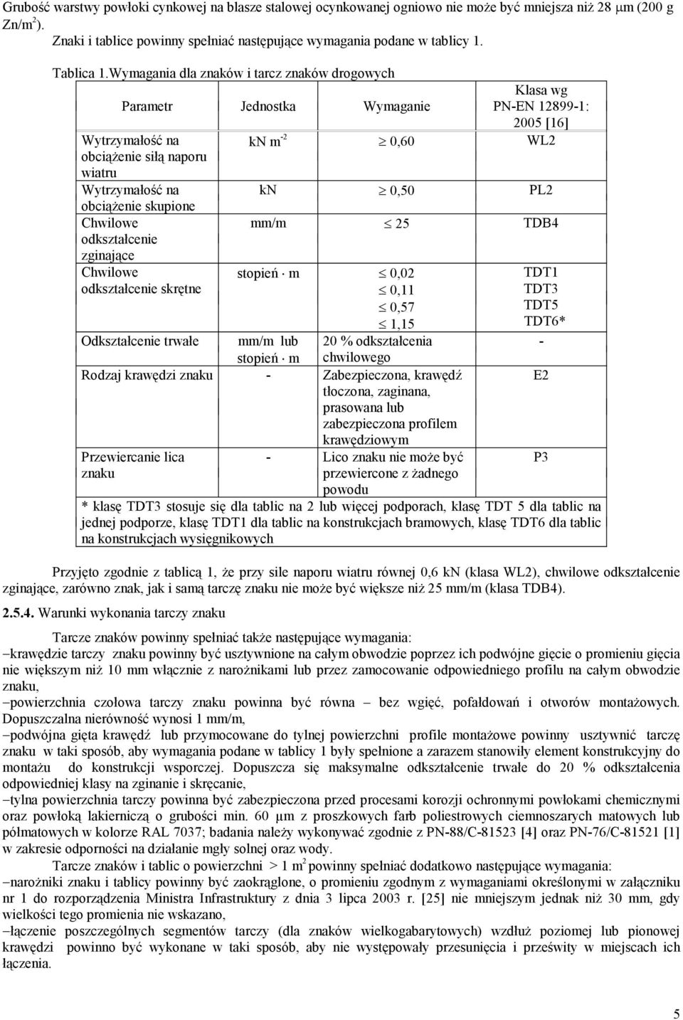 Wymagania dla znaków i tarcz znaków drogowych Klasa wg PN-EN 12899-1: 2005 [16] kn m -2 0,60 WL2 Parametr Jednostka Wymaganie Wytrzymałość na obciążenie siłą naporu wiatru Wytrzymałość na obciążenie