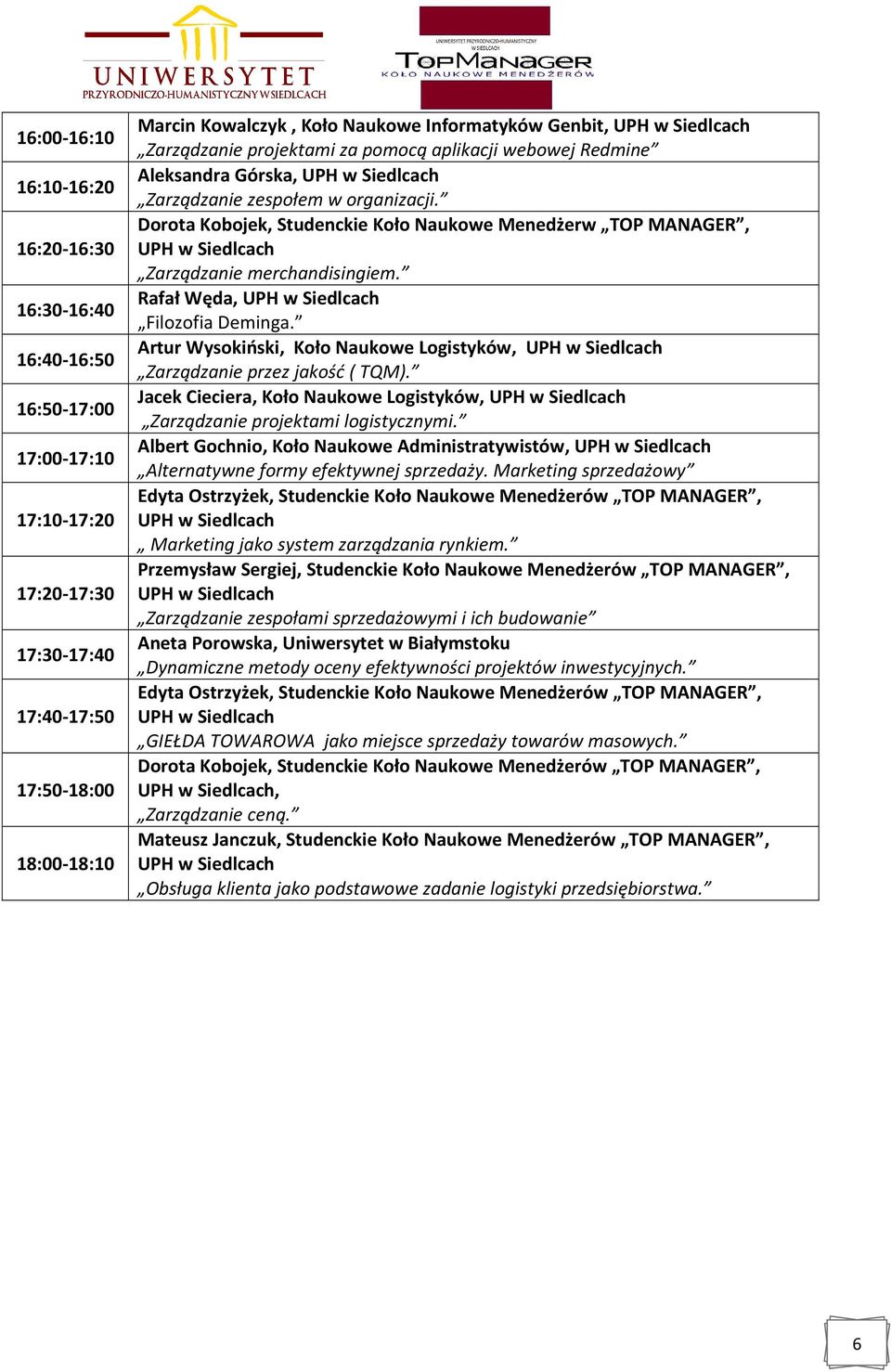 Dorota Kobojek, Studenckie Koło Naukowe Menedżerw TOP MANAGER, Zarządzanie merchandisingiem. Rafał Węda, Filozofia Deminga. Artur Wysokiński, Koło Naukowe Logistyków, Zarządzanie przez jakość ( TQM).