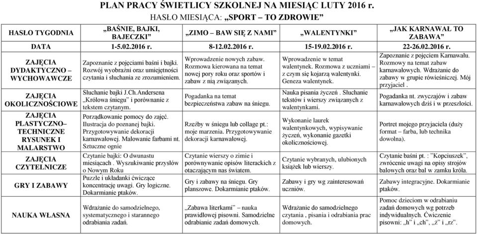 Rozmowy na temat zabaw Rozmowa kierowana na temat walentynek. Rozmowa z uczniami DYDAKTYCZNO Rozwój wyobraźni oraz umiejętności karnawałowych.