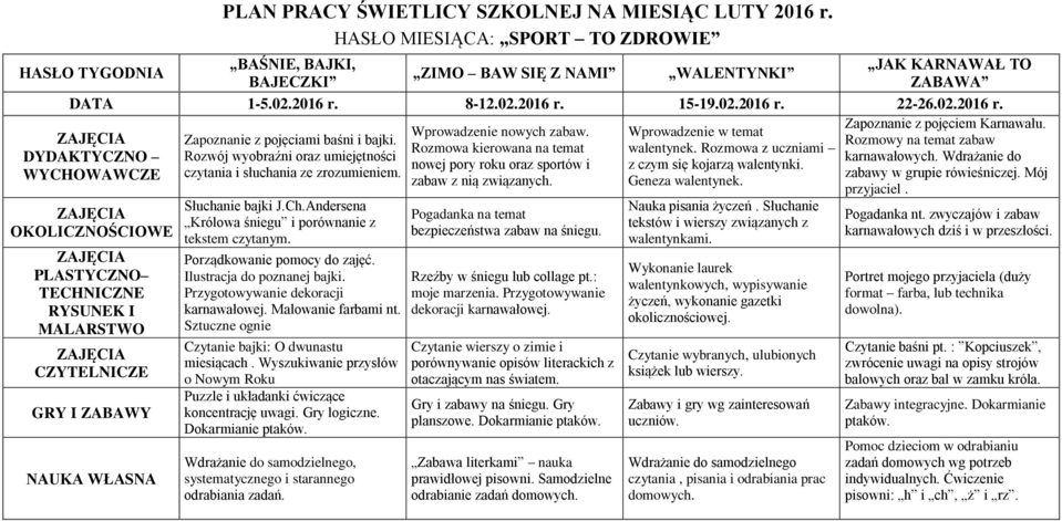 Rozmowy na temat zabaw Rozmowa kierowana na temat walentynek. Rozmowa z uczniami DYDAKTYCZNO Rozwój wyobraźni oraz umiejętności karnawałowych.