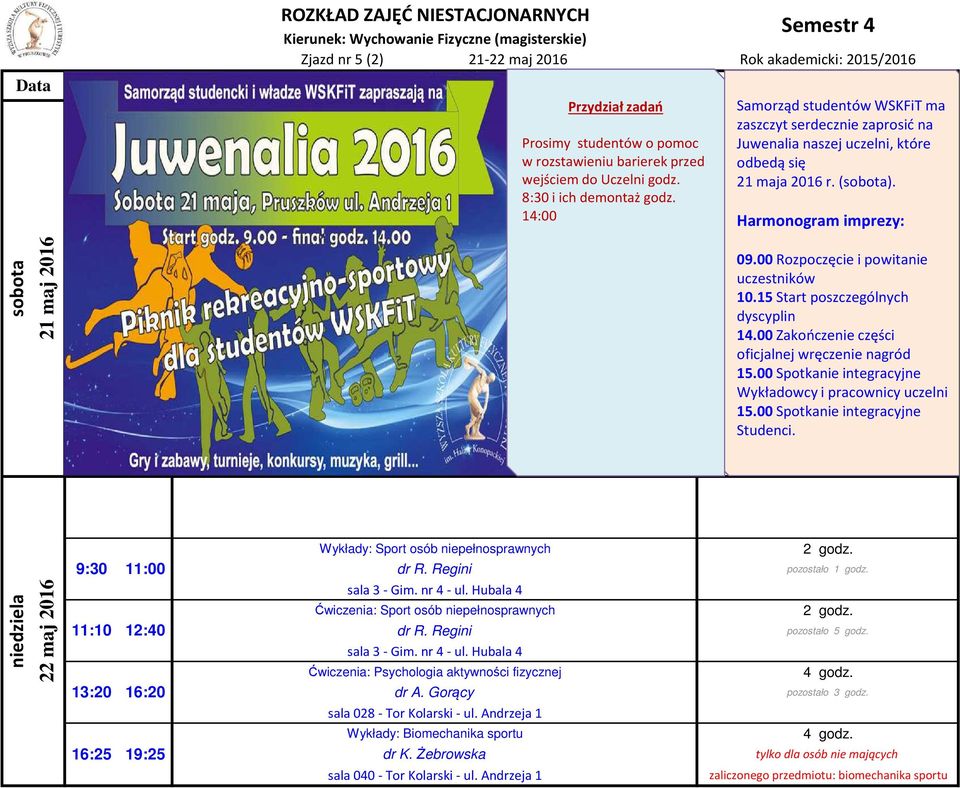 Stupnicki 8:30 i ich demontażgodz. 14:00 mgr M. Starczewska, mgr J. Biskupski Ćwiczenia: Menadżer sportu mgr K.