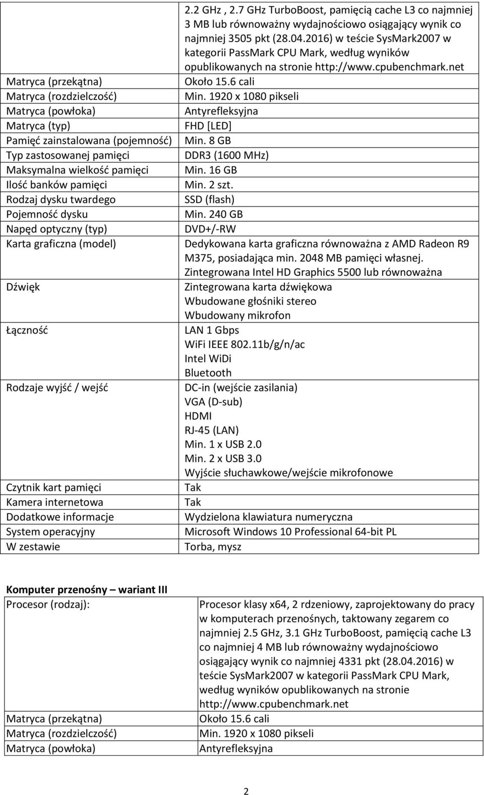 2016) w teście SysMark2007 w kategorii PassMark CPU Mark, według wyników opublikowanych na stronie http://www.cpubenchmark.net Min. 1920 x 1080 pikseli Antyrefleksyjna FHD [LED] Min.