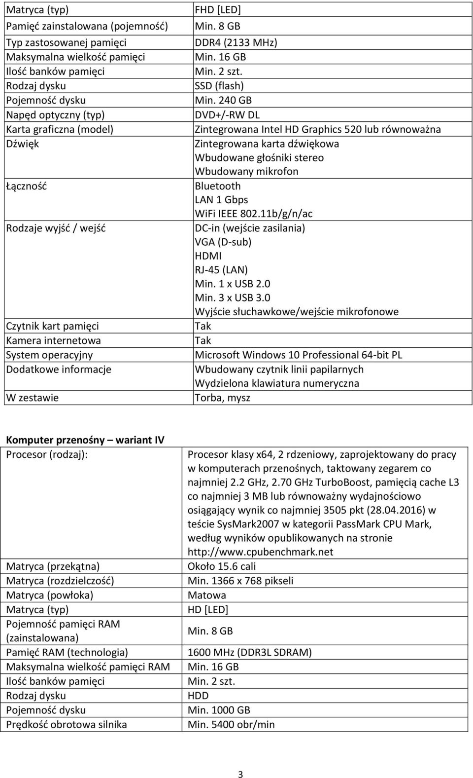 0 Microsoft Windows 10 Professional 64-bit PL Wbudowany czytnik linii papilarnych Komputer przenośny wariant IV Matryca (przekątna) Matryca (typ) Pojemnośd pamięci RAM (zainstalowana) Pamięd RAM