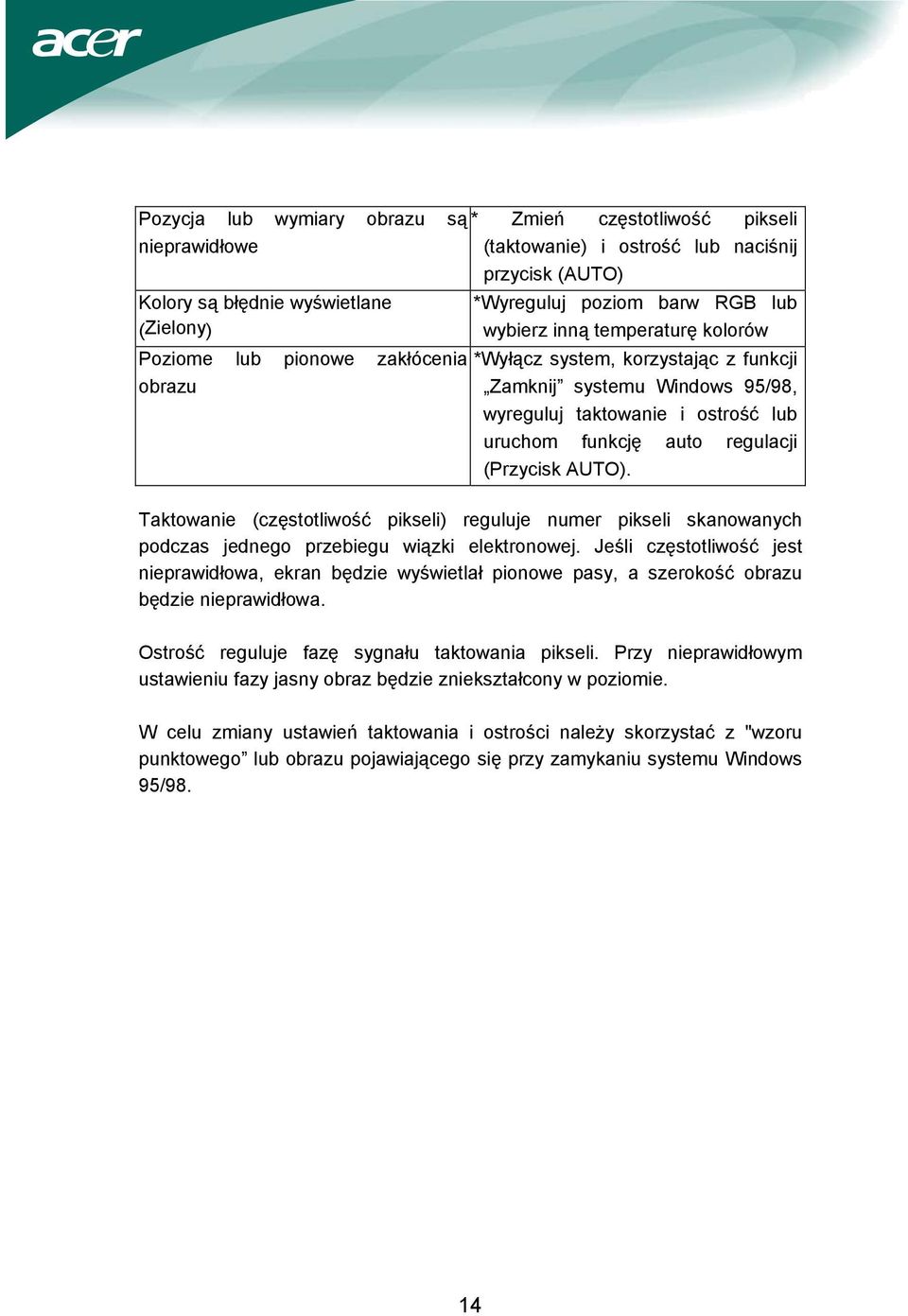 regulacji (Przycisk AUTO). Taktowanie (częstotliwość pikseli) reguluje numer pikseli skanowanych podczas jednego przebiegu wiązki elektronowej.
