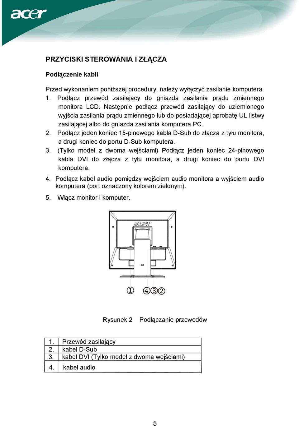 Następnie podłącz przewód zasilający do uziemionego wyjścia zasilania prądu zmiennego lub do posiadającej aprobatę UL listwy zasilającej albo do gniazda zasilania komputera PC. 2.