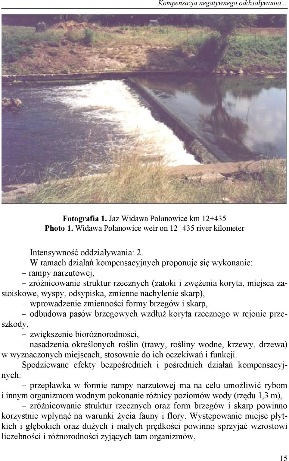 skarp), wprowadzenie zmienności formy brzegów i skarp, odbudowa pasów brzegowych wzdłuż koryta rzecznego w rejonie przeszkody, zwiększenie bioróżnorodności, nasadzenia określonych roślin (trawy,