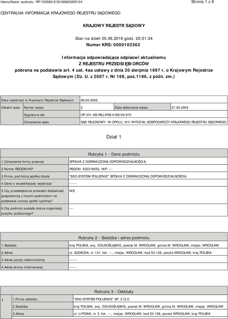 o Krajowym Rejestrze Sądowym (Dz. U. z 2007 r. Nr 168, poz.1186, z późn. zm.) Data rejestracji w Krajowym Rejestrze Sądowym 08.04.2002 Ostatni wpis Numer wpisu 2 Data dokonania wpisu 27.05.