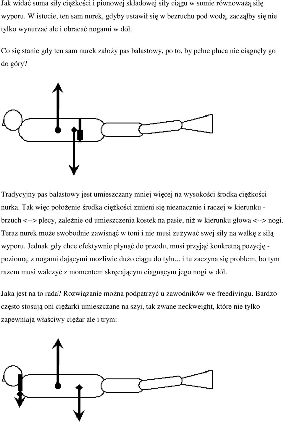 Co się stanie gdy ten sam nurek założy pas balastowy, po to, by pełne płuca nie ciągnęły go do góry? Tradycyjny pas balastowy jest umieszczany mniej więcej na wysokości środka ciężkości nurka.