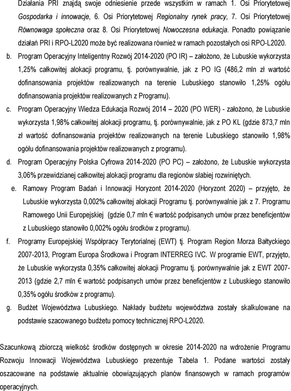 ć realizowana również w ramach pozostałych osi RPO-L2020. b. Program Operacyjny Inteligentny Rozwój 2014-2020 (PO IR) założono, że Lubuskie wykorzysta 1,25% całkowitej alokacji programu, tj.