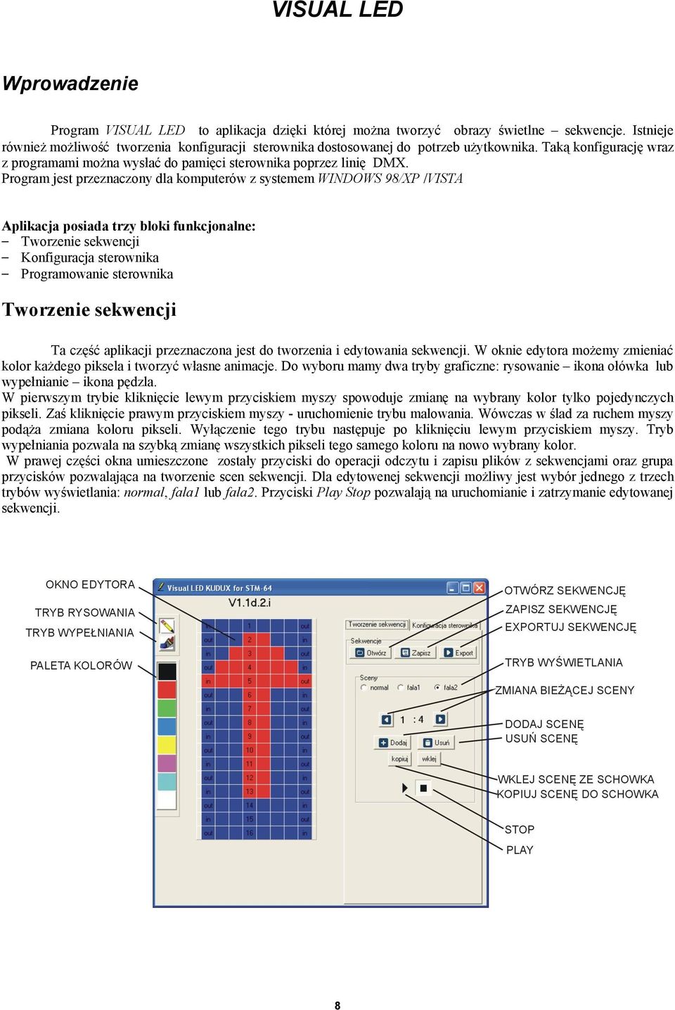 Program jest przeznaczony dla komputerów z systemem WINDOWS 98/XP /VISTA Aplikacja posiada trzy bloki funkcjonalne: Tworzenie sekwencji Konfiguracja sterownika Programowanie sterownika Tworzenie