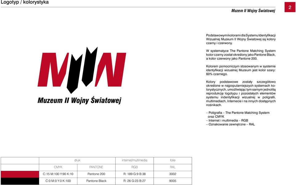 Kolorem pomocniczym stosowanym w systemie identyfikacji wizualnej Muzeum jest kolor szary: 60% czarnego.